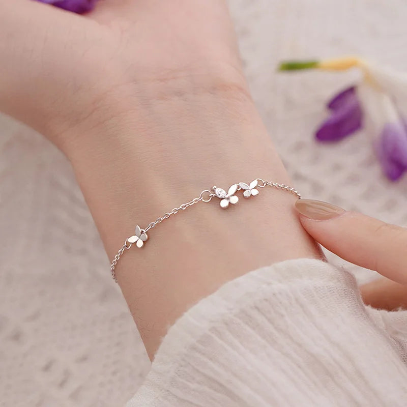 Silver Diamond-Studded Butterfly Bracelet Women's Fashion Temperament Flower Adjustable Bracelet