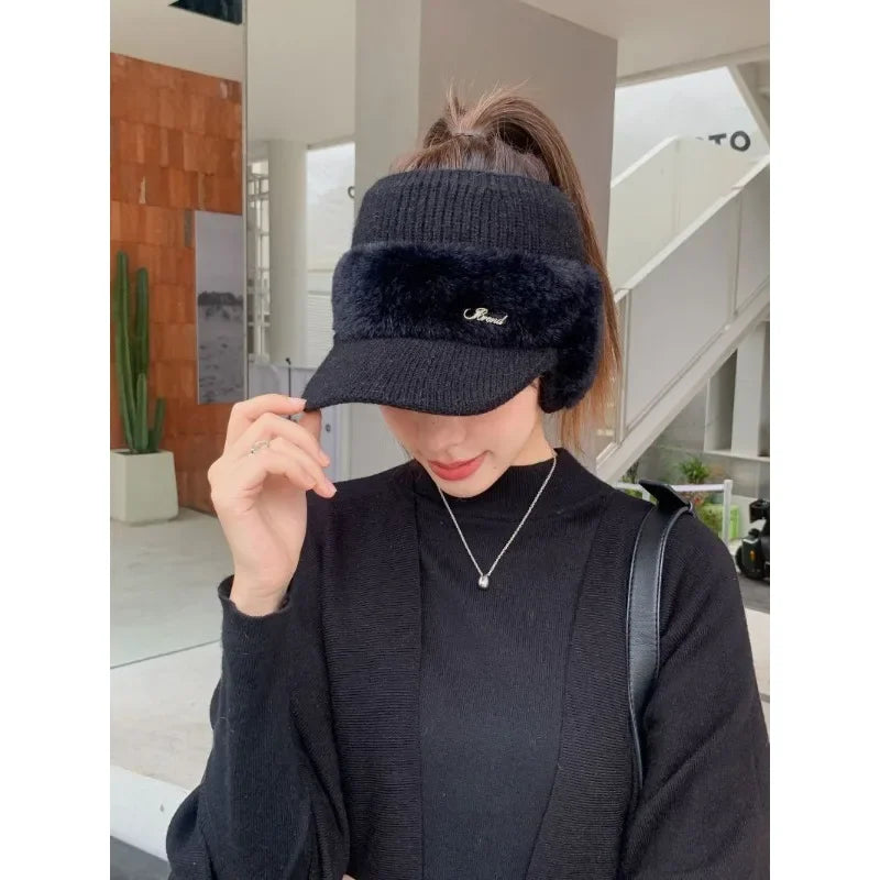 Winter Hats For Women 2024 New Fashion Winter Warm Earflaps Knitted Hat Baseball Caps Outdoor Sport Windproof Ponytail Hat Visor