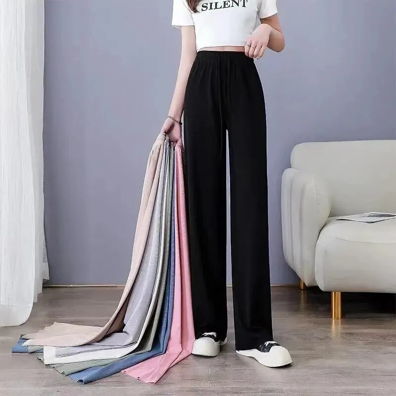 Women Pants Spring Summer Ice Silk Wide Leg Pants 2024 High Waist Loose Straight Casual Pant Female Outdoor Black Trousers