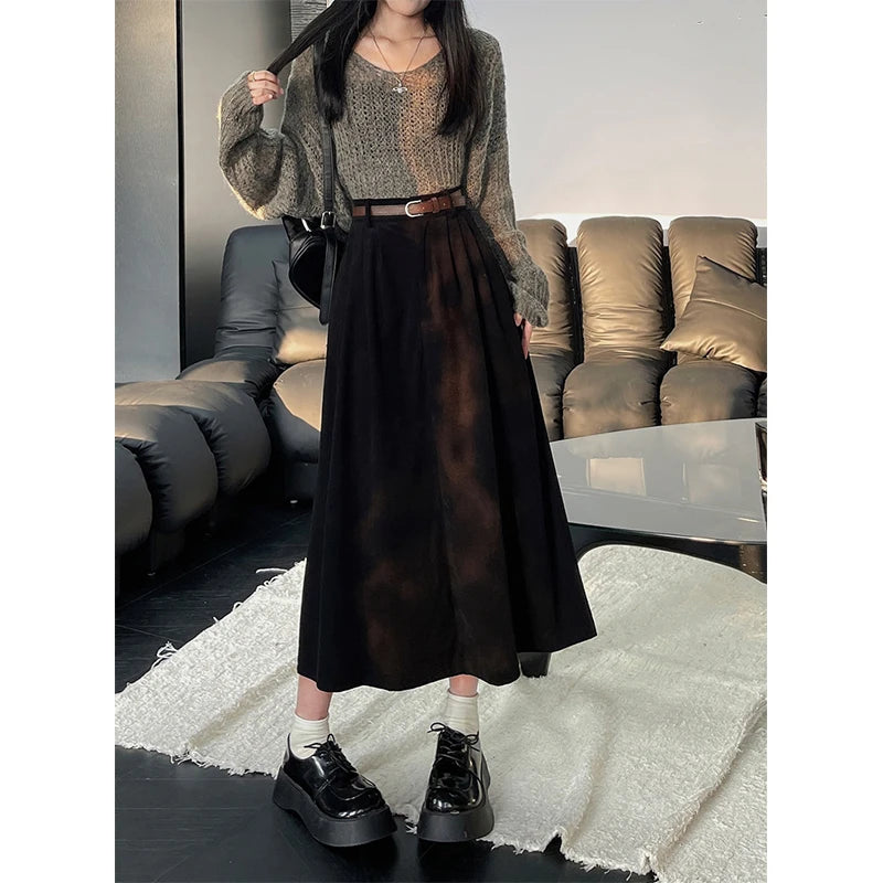 Skirt Women High Waist Pleated A Line Skirts Autumn Winter Streetwear Korean Casual All Match Skirt