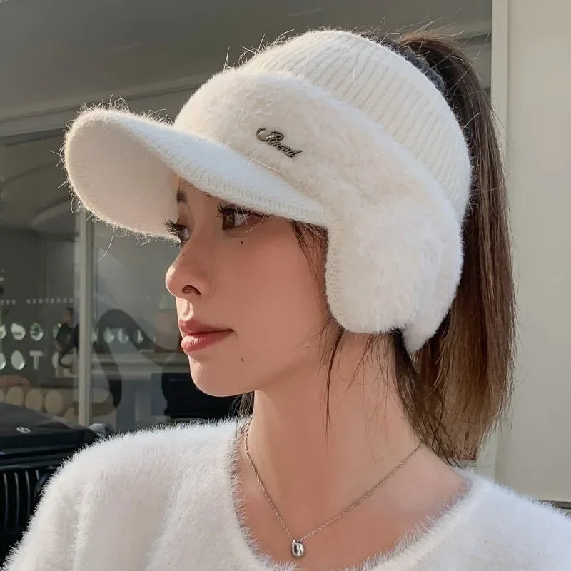 Winter Hats For Women 2024 New Fashion Winter Warm Earflaps Knitted Hat Baseball Caps Outdoor Sport Windproof Ponytail Hat Visor