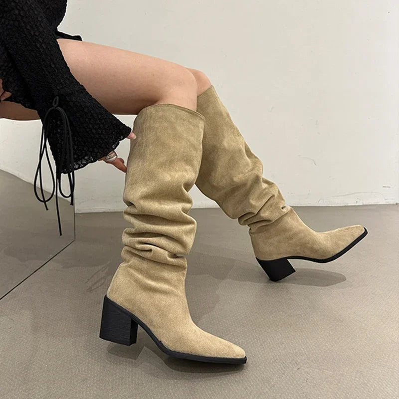 Boots Fashion Slip On Long Booties Autumn Winter Thick Heels Ladies Shoes