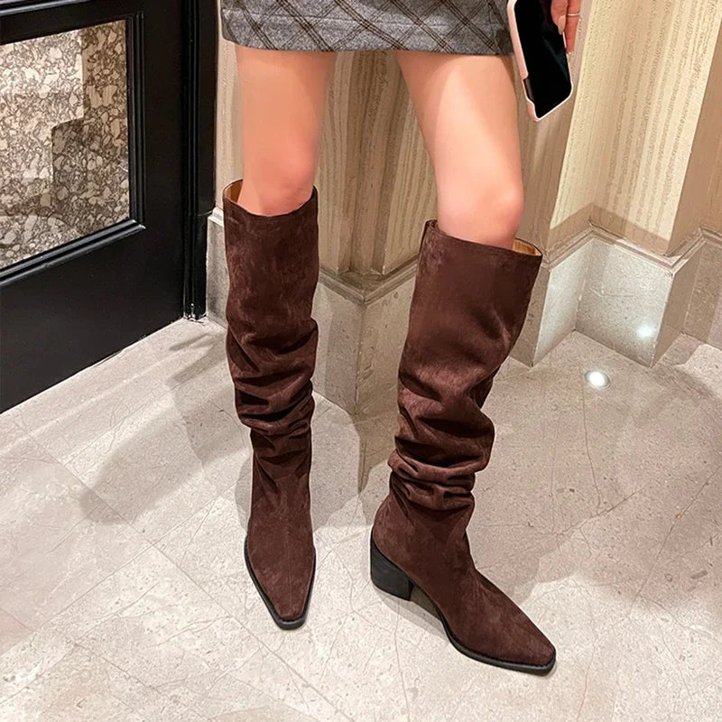 Boots Fashion Slip On Long Booties Autumn Winter Thick Heels Ladies Shoes