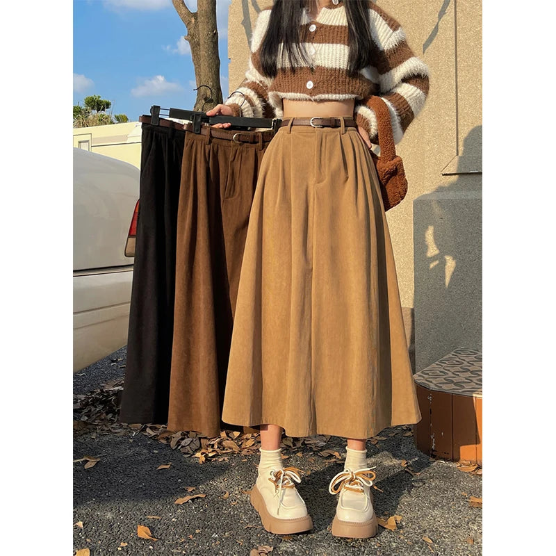 Skirt Women High Waist Pleated A Line Skirts Autumn Winter Streetwear Korean Casual All Match Skirt