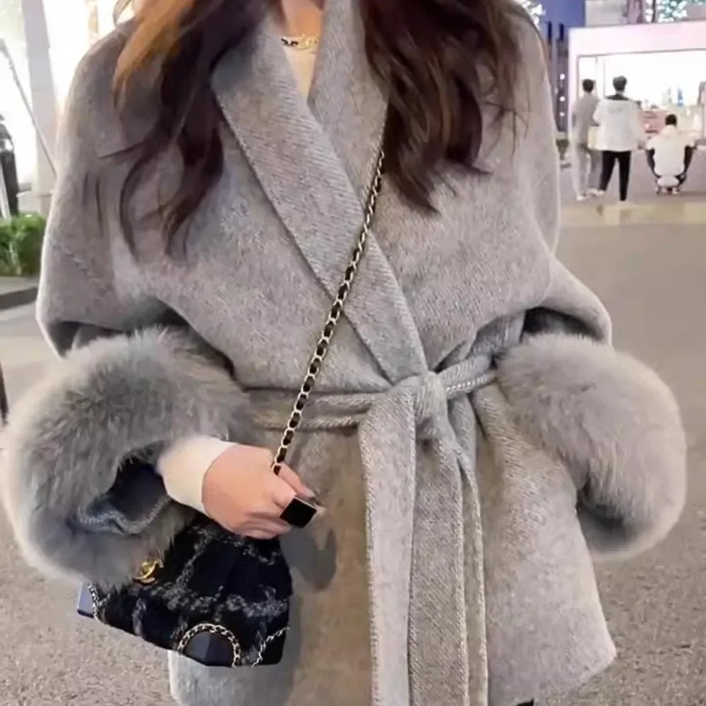 Real Wool Fur Coat Women's Removable Cuffs Fox Fur Temperament Cashmere Short Jacket