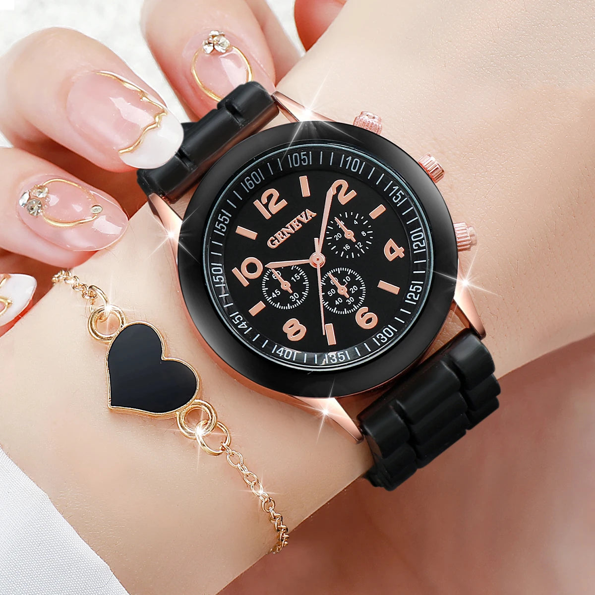 Watch Fashion Silicone Band Women Quartz Watches Heart Jewelry Set(Without Box)