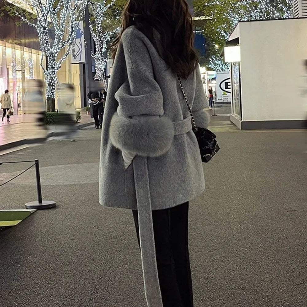 Real Wool Fur Coat Women's Removable Cuffs Fox Fur Temperament Cashmere Short Jacket