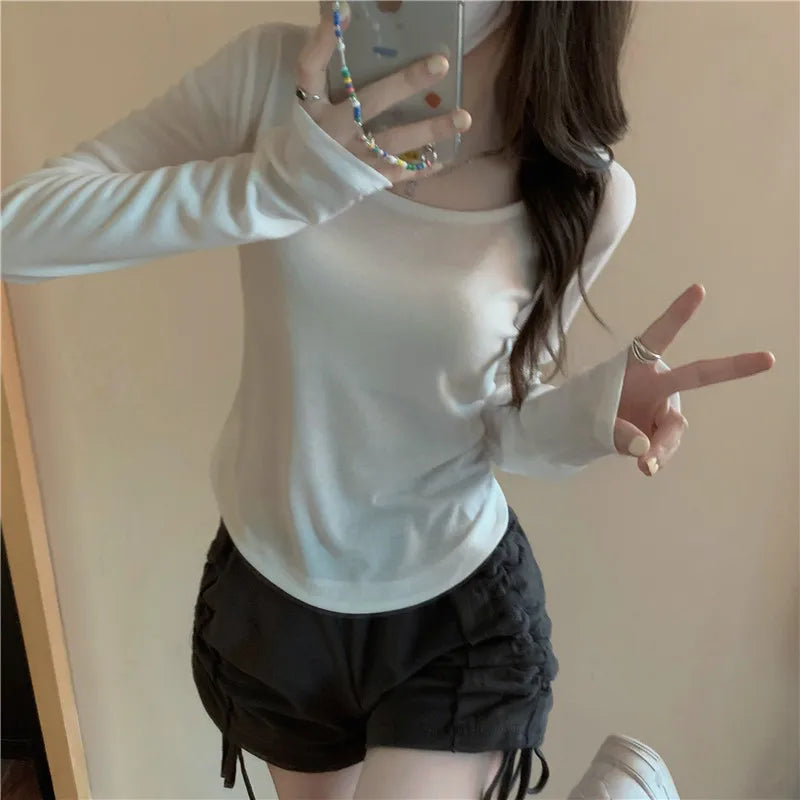 T-Shirt Women Spring  Autumn  New Irregular Hem Slim Casual Top Winter Solid Bottom Shirts New Korean