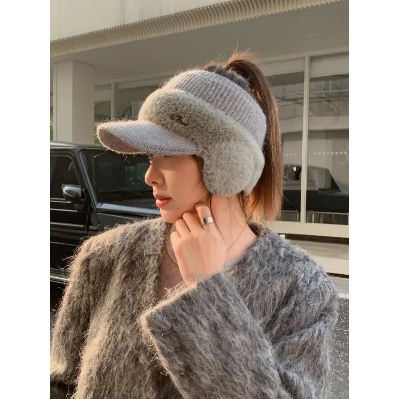 Winter Hats For Women 2024 New Fashion Winter Warm Earflaps Knitted Hat Baseball Caps Outdoor Sport Windproof Ponytail Hat Visor