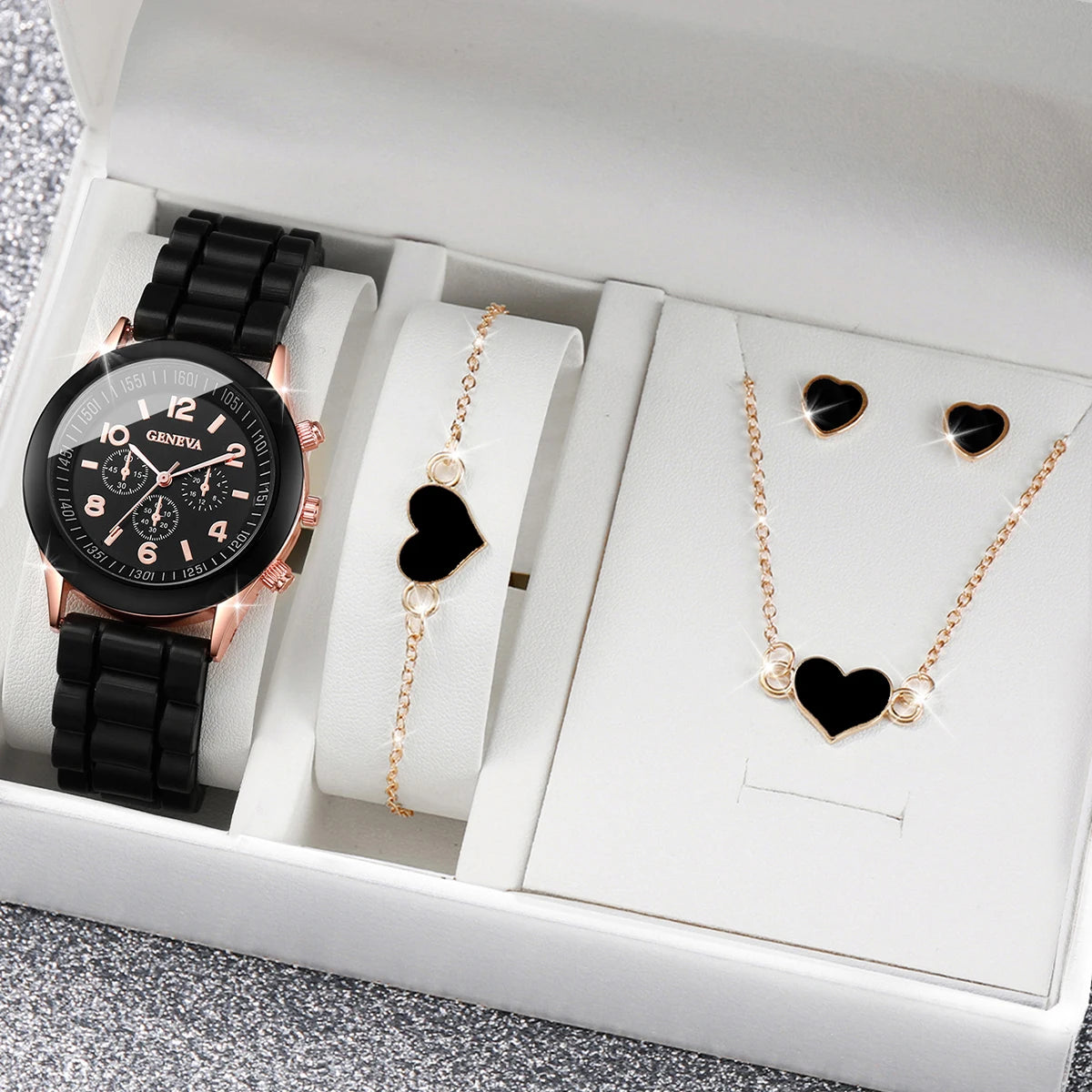 Watch Fashion Silicone Band Women Quartz Watches Heart Jewelry Set(Without Box)