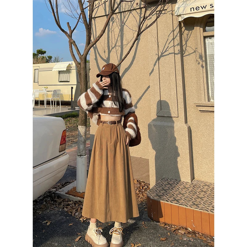 Skirt Women High Waist Pleated A Line Skirts Autumn Winter Streetwear Korean Casual All Match Skirt