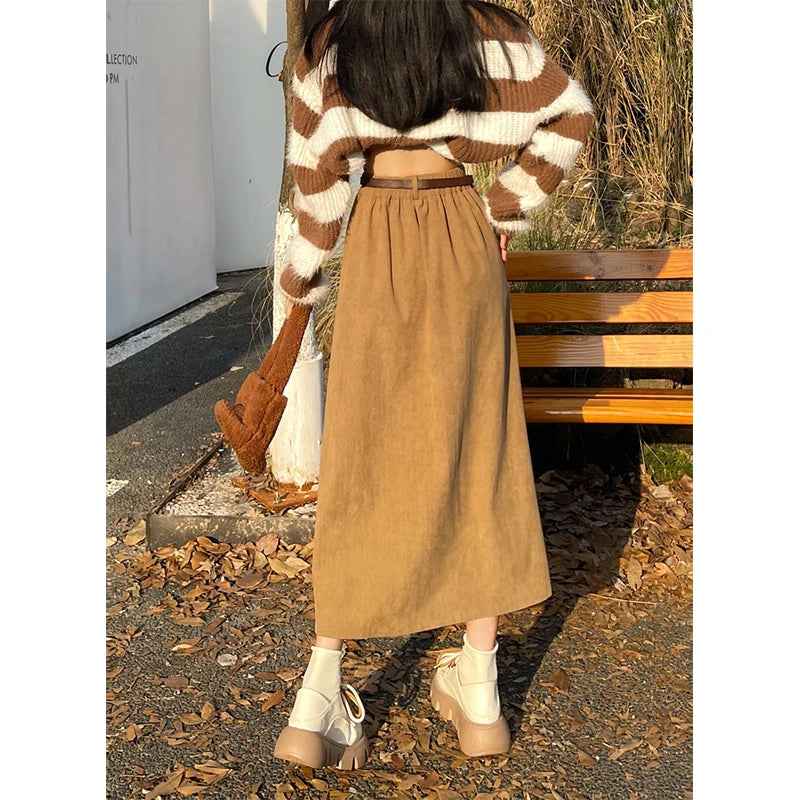 Skirt Women High Waist Pleated A Line Skirts Autumn Winter Streetwear Korean Casual All Match Skirt