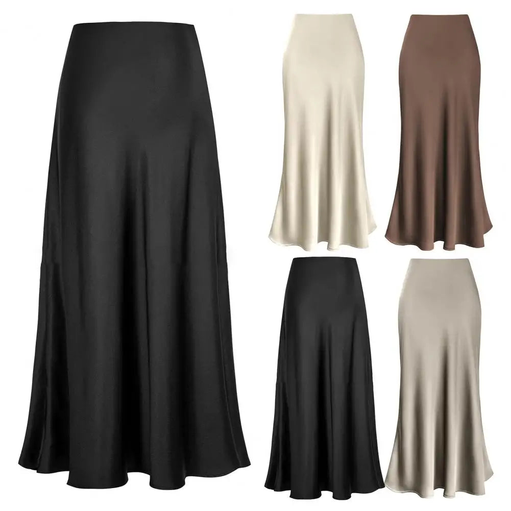 kirt Elegant Faux Silk Satin Skirts for Women High Waist A-line Office Lady Skirt Solid Color Glossy Finish