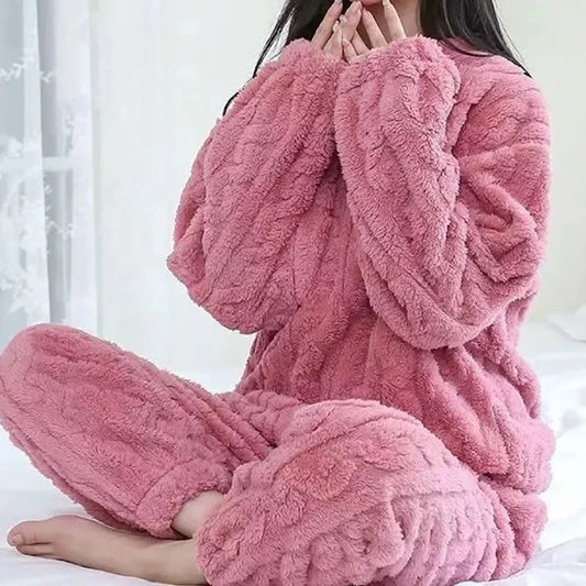 2 Piece Sets Thicken Velvet Ribbed Fleece Set Pullover And Pants Women Casual Pajama Sets 2024