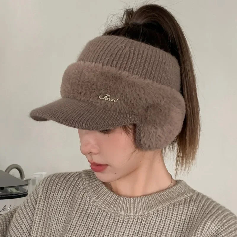 Winter Hats For Women 2024 New Fashion Winter Warm Earflaps Knitted Hat Baseball Caps Outdoor Sport Windproof Ponytail Hat Visor