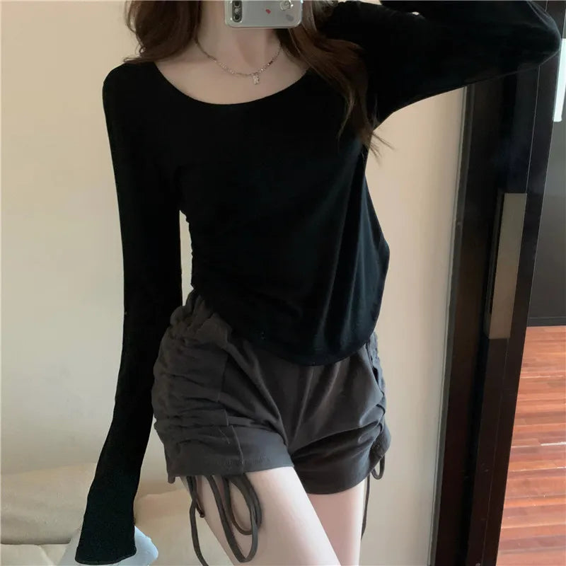 T-Shirt Women Spring  Autumn  New Irregular Hem Slim Casual Top Winter Solid Bottom Shirts New Korean