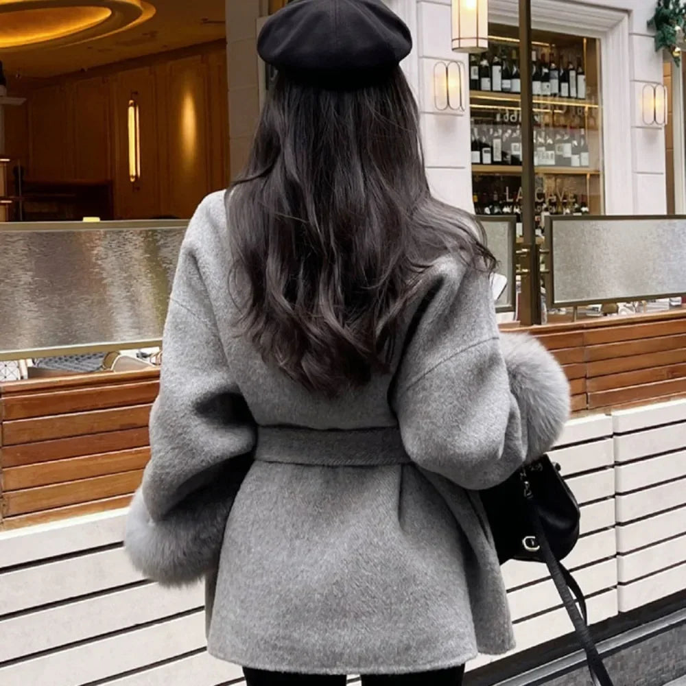 Real Wool Fur Coat Women's Removable Cuffs Fox Fur Temperament Cashmere Short Jacket