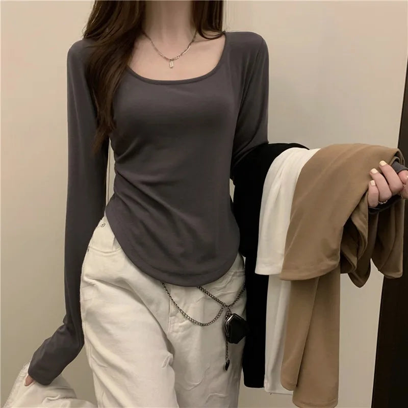 T-Shirt Women Spring  Autumn  New Irregular Hem Slim Casual Top Winter Solid Bottom Shirts New Korean