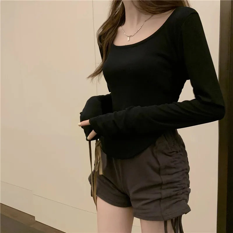 T-Shirt Women Spring  Autumn  New Irregular Hem Slim Casual Top Winter Solid Bottom Shirts New Korean