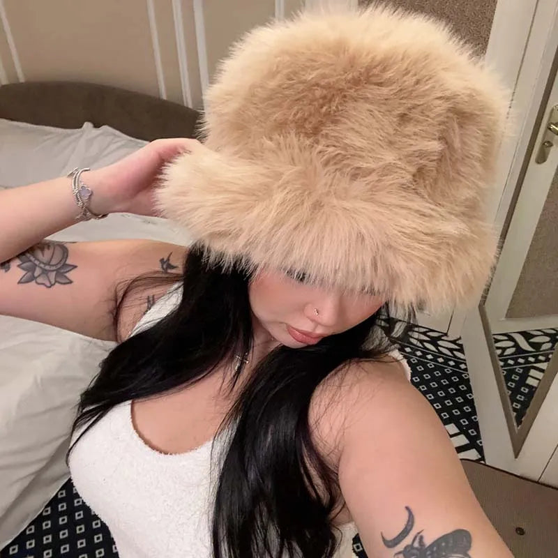 Fur Bucket Hats Women Rabbit Fur Warm Thick Plush Winter Hat Lady Fashion Luxury Panama Furry Fisherman Cap Y2k