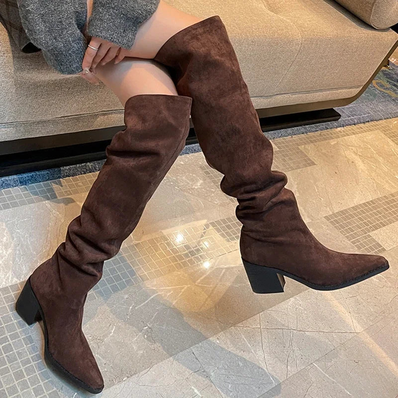 Boots Fashion Slip On Long Booties Autumn Winter Thick Heels Ladies Shoes